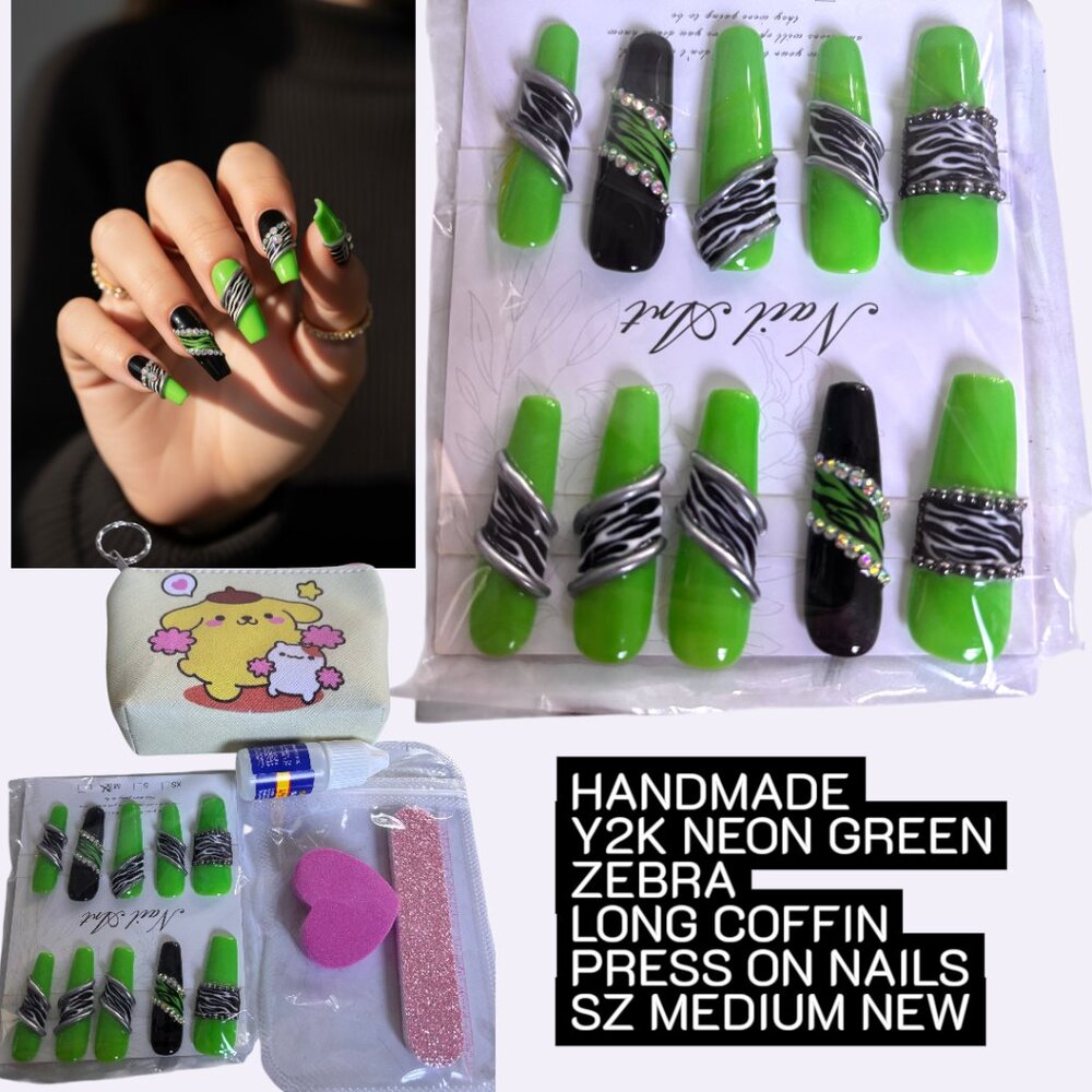 Y2K HANDMADE NEON GREEN‎ ZEBRA RHINESTONE FAKE NAIL SET MEDIUM NEW